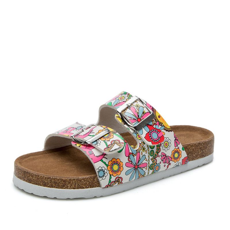 Dam Beach Printing Mjuk Dual Strap Flat Cork Tofflor Sandalers