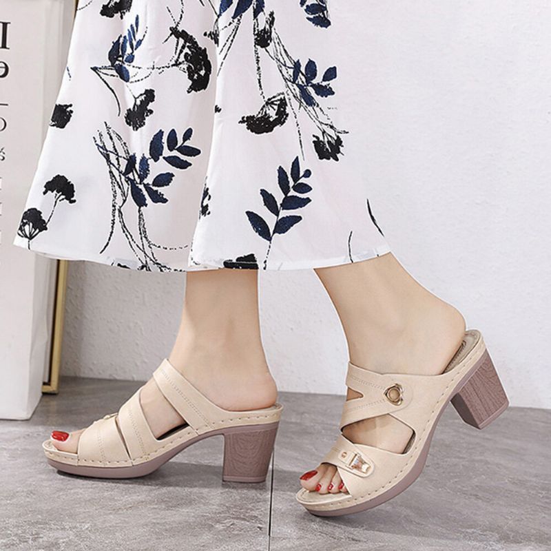 Dam Comfy Metal Spänne Peep Toe Rygglösa Chunky Heel Sandaler