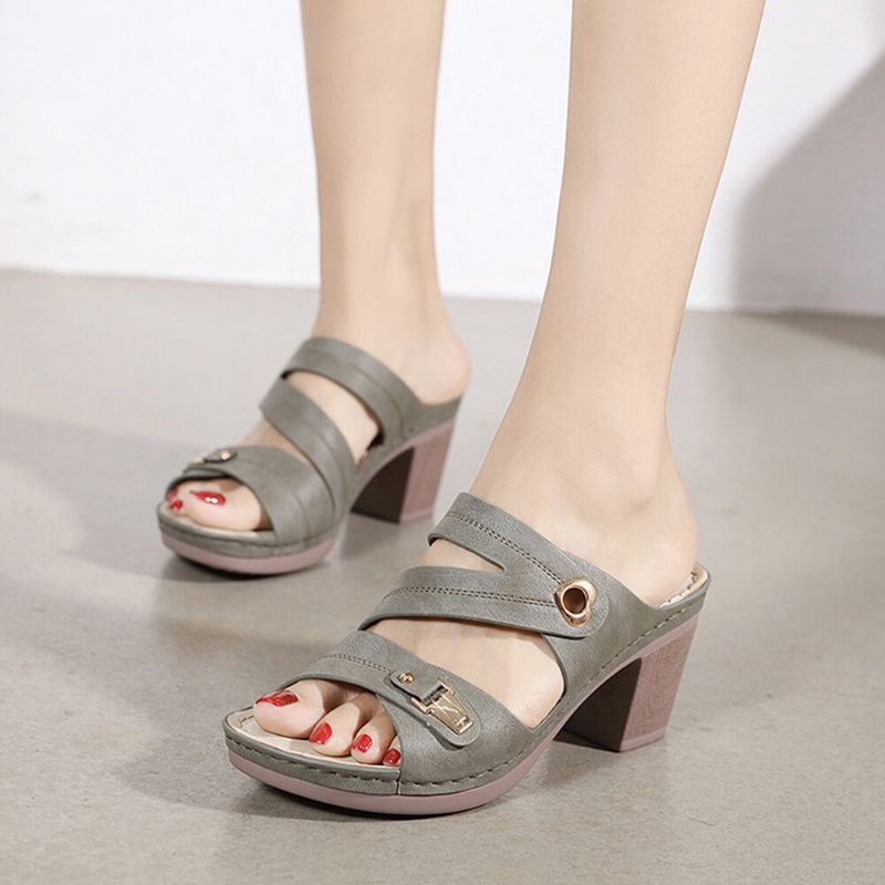 Dam Comfy Metal Spänne Peep Toe Rygglösa Chunky Heel Sandaler