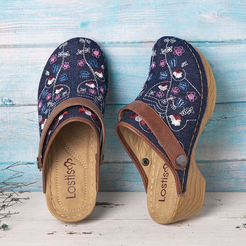 Dam Denim Blommor Broderi Closed Toe Clogs Sandaler