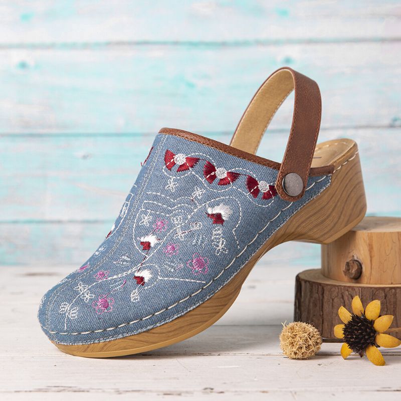 Dam Denim Blommor Broderi Closed Toe Clogs Sandaler