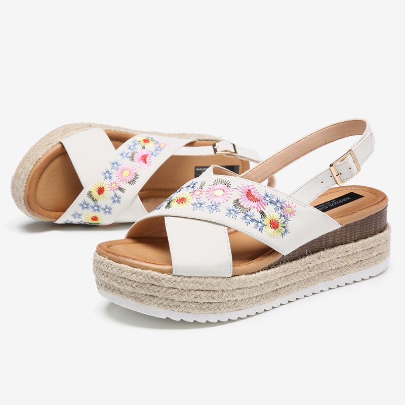 Dam Espadrilles Broderi Blommor Korsrem Slingback Casual Platform Sandaler