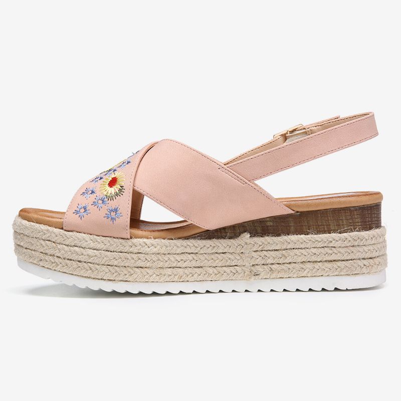 Dam Espadrilles Broderi Blommor Korsrem Slingback Casual Platform Sandaler