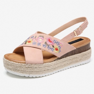 Dam Espadrilles Broderi Blommor Korsrem Slingback Casual Platform Sandaler