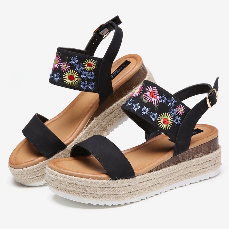 Dam Espadrilles Broderi Blommor Spänne Rem Slingback Plattformsandaler