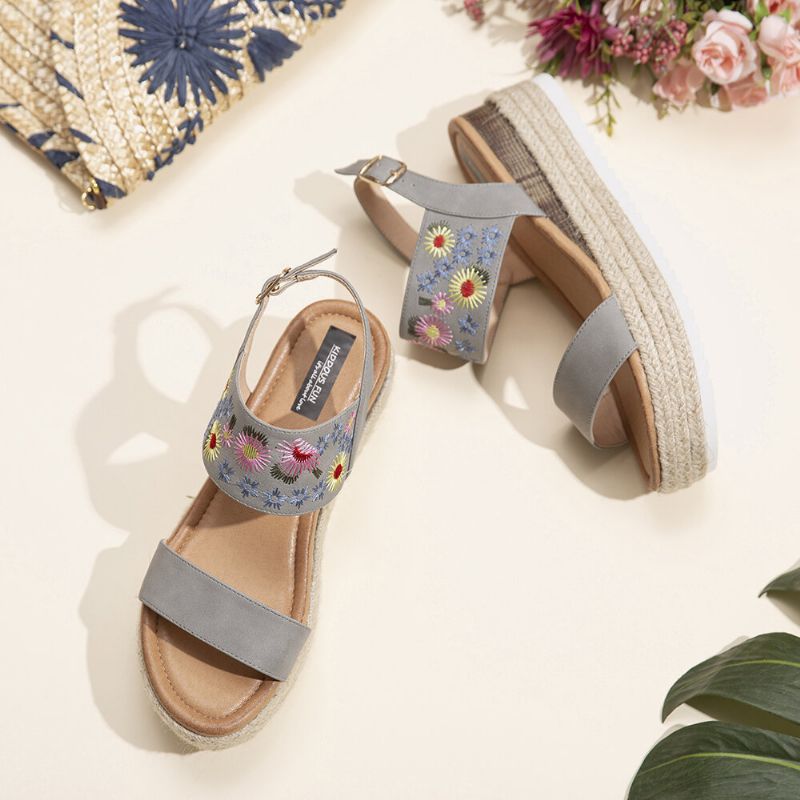 Dam Espadrilles Broderi Blommor Spänne Rem Slingback Plattformsandaler