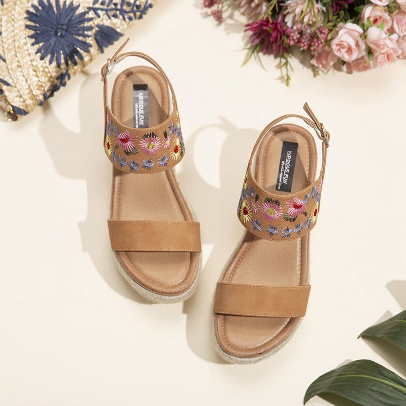 Dam Espadrilles Broderi Blommor Spänne Rem Slingback Plattformsandaler