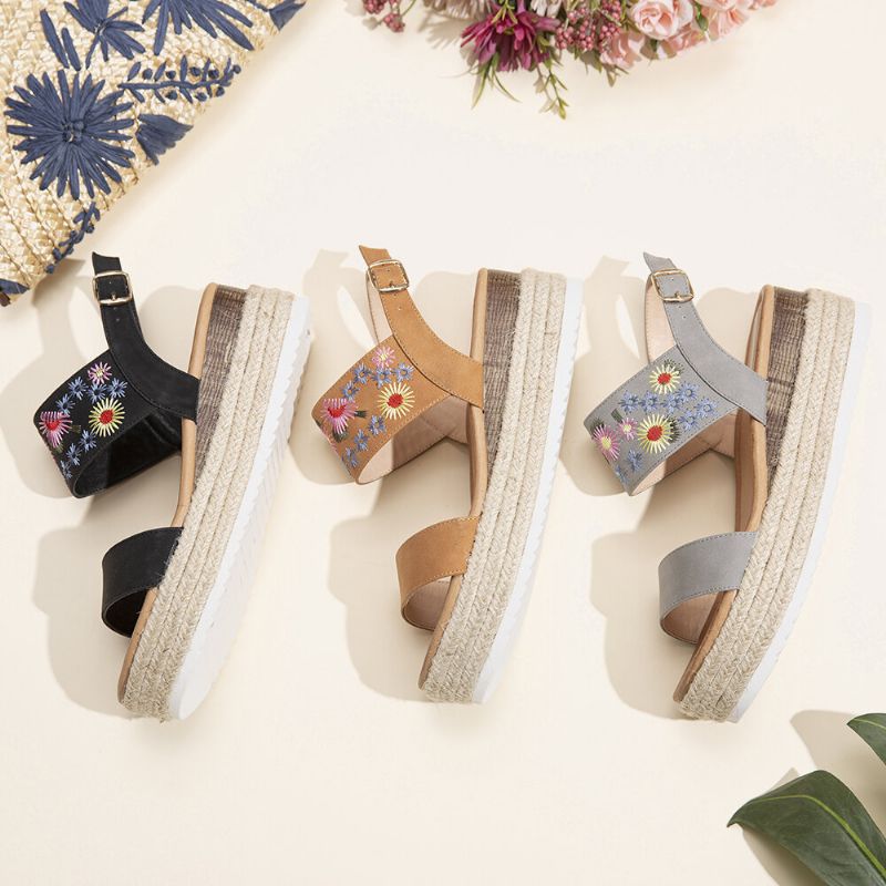 Dam Espadrilles Broderi Blommor Spänne Rem Slingback Plattformsandaler