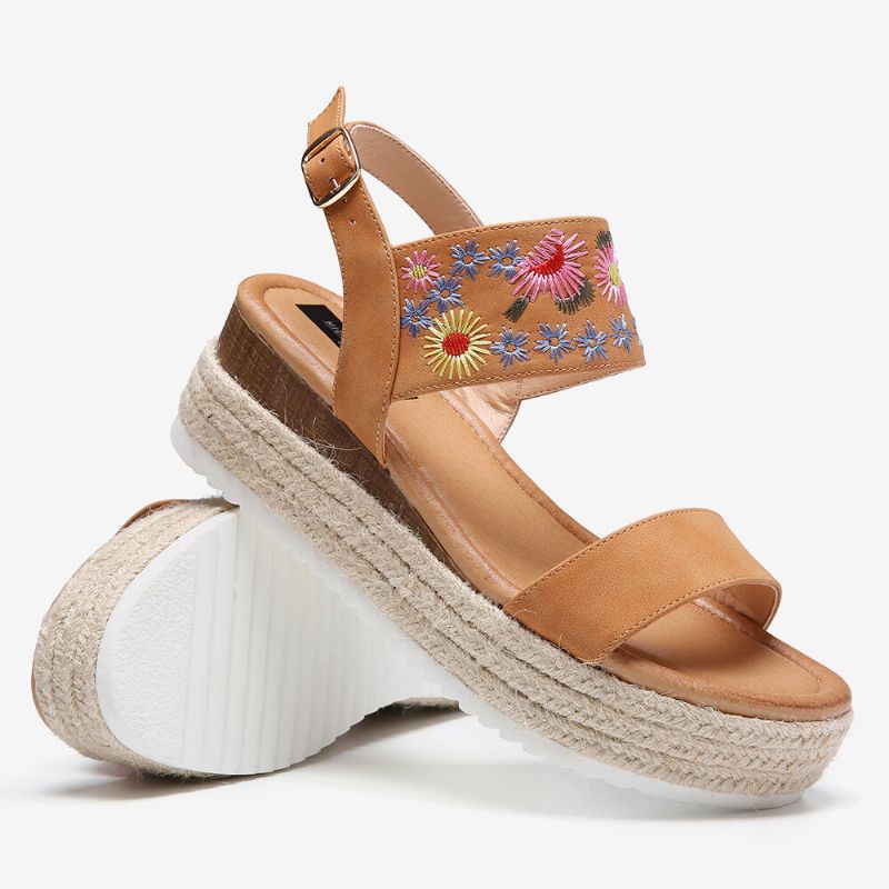 Dam Espadrilles Broderi Blommor Spänne Rem Slingback Plattformsandaler