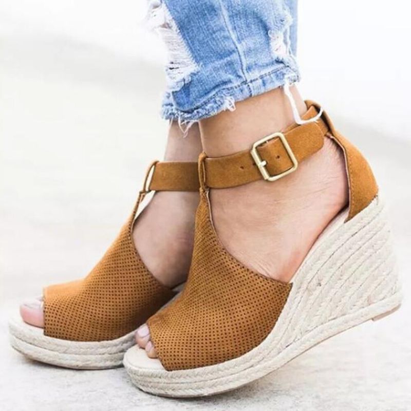 Dam Espadrilles Peep Toe Buckle Comfy Casual Wedges Sandaler