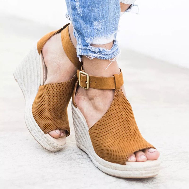 Dam Espadrilles Peep Toe Buckle Comfy Casual Wedges Sandaler