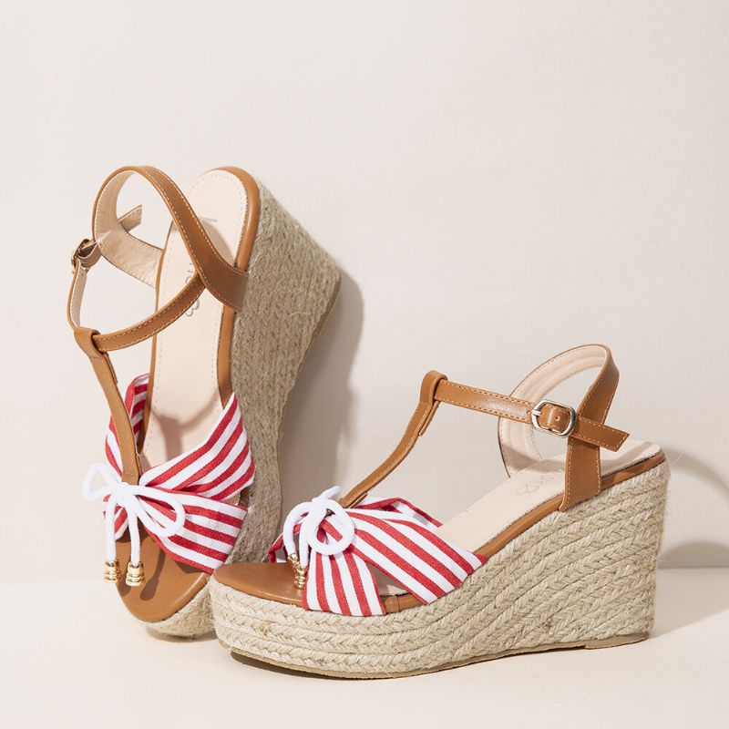 Dam Espadrilles Randig T-rem Cross Strap Casual Beach Wedge Sandaler