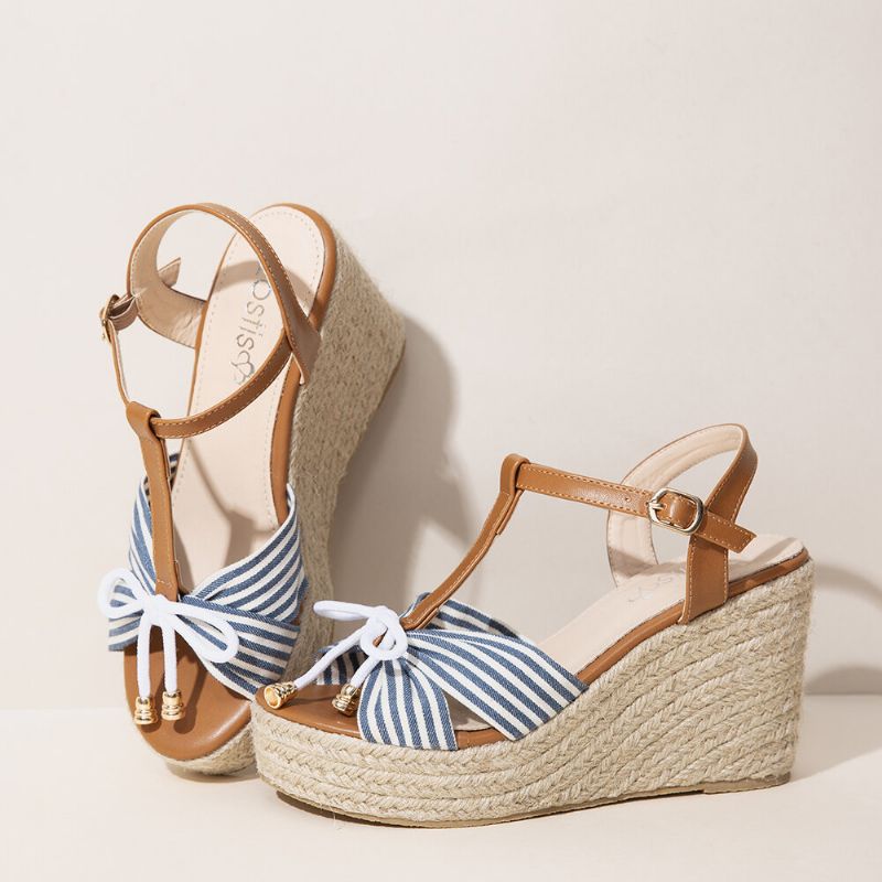 Dam Espadrilles Randig T-rem Cross Strap Casual Beach Wedge Sandaler