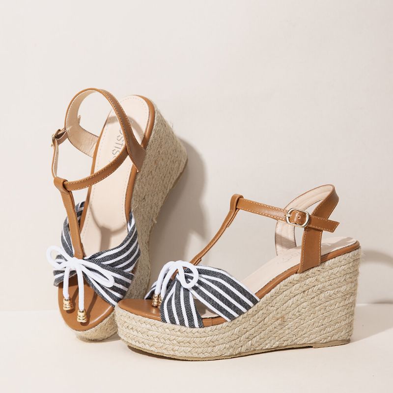 Dam Espadrilles Randig T-rem Cross Strap Casual Beach Wedge Sandaler