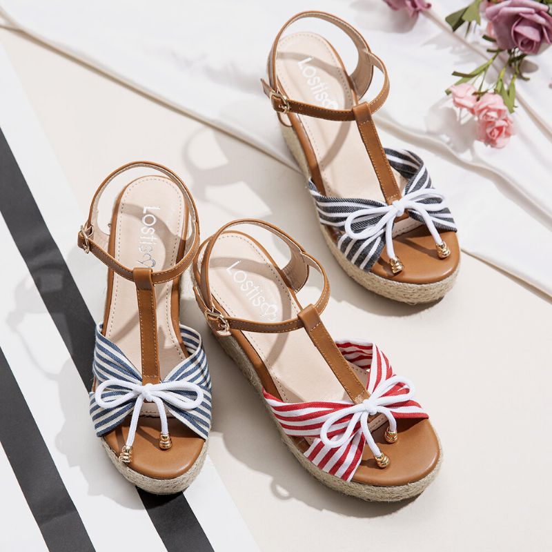 Dam Espadrilles Randig T-rem Cross Strap Casual Beach Wedge Sandaler