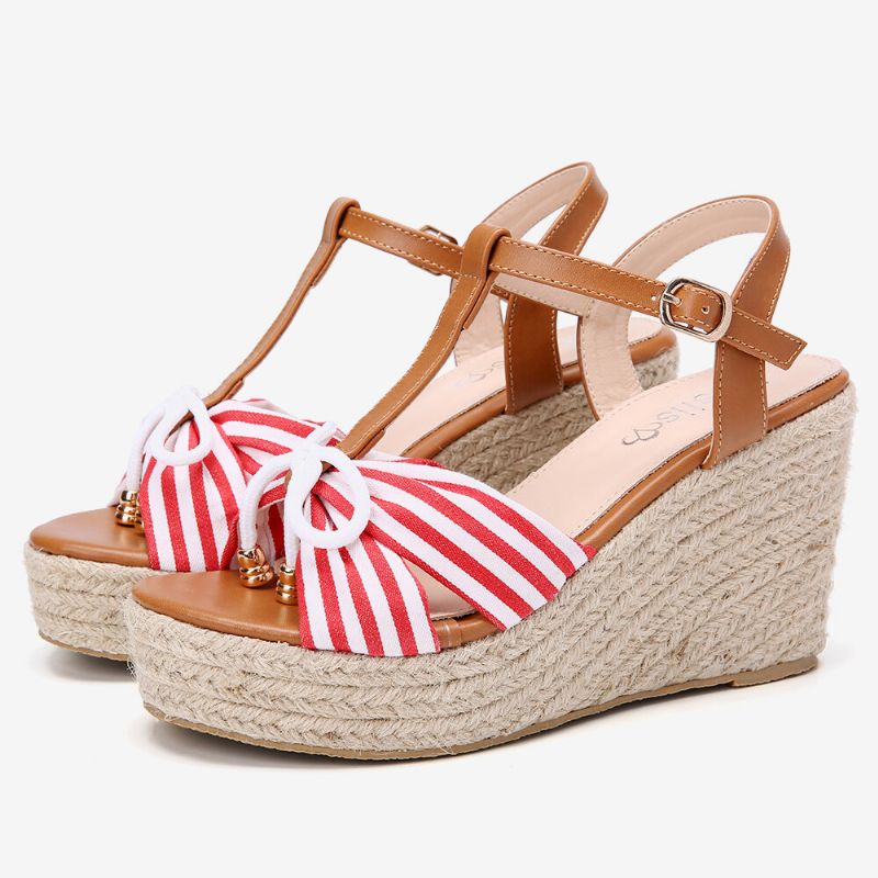 Dam Espadrilles Randig T-rem Cross Strap Casual Beach Wedge Sandaler