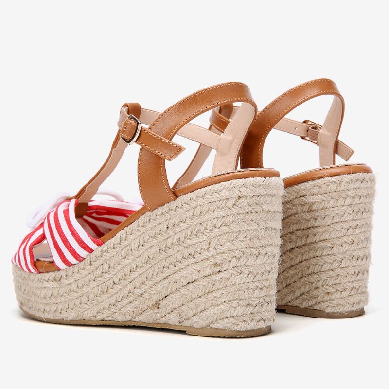 Dam Espadrilles Randig T-rem Cross Strap Casual Beach Wedge Sandaler