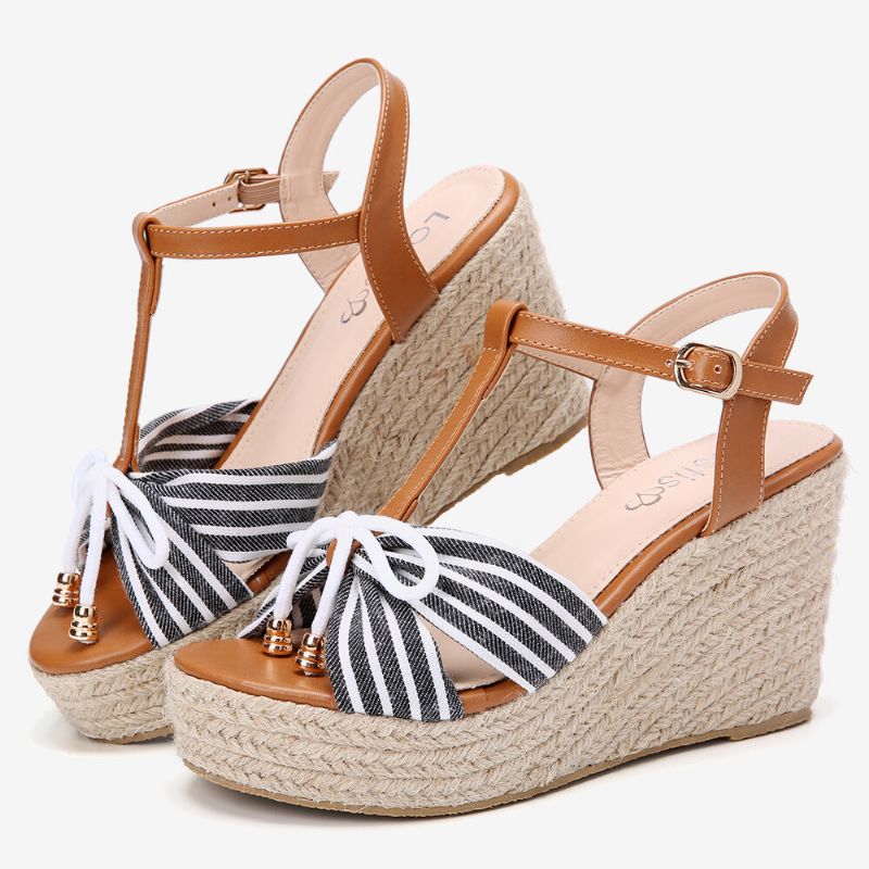 Dam Espadrilles Randig T-rem Cross Strap Casual Beach Wedge Sandaler