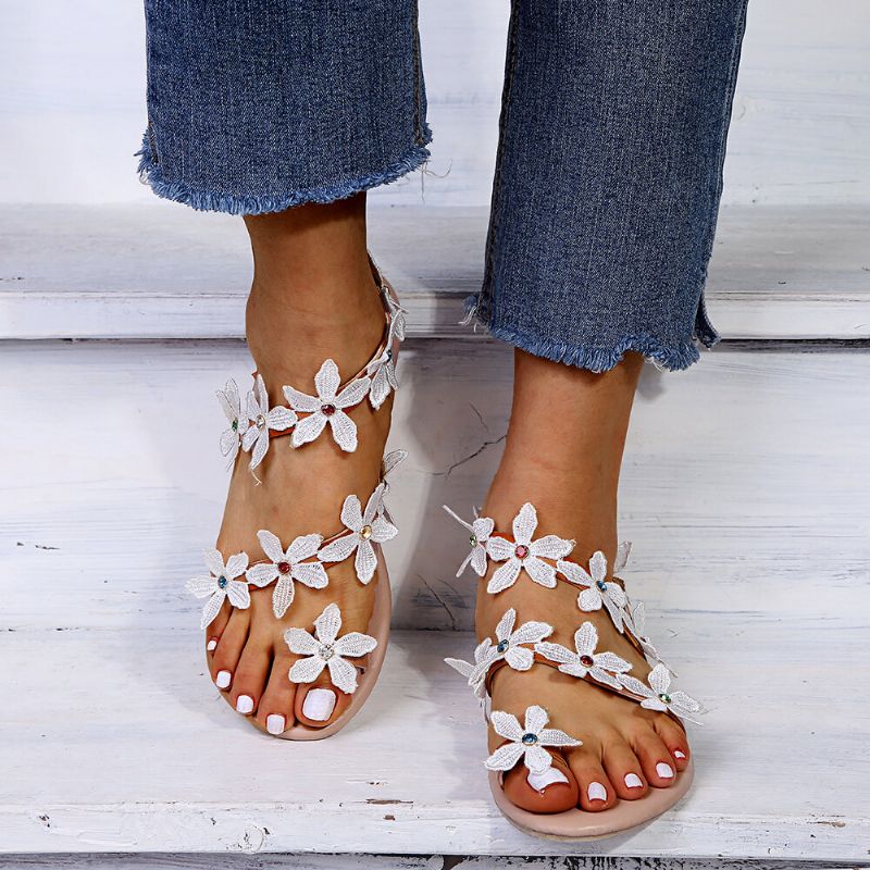 Dam Flower Decro Bohemia Beading Toe Ring Casual Beach Flat Sandaler