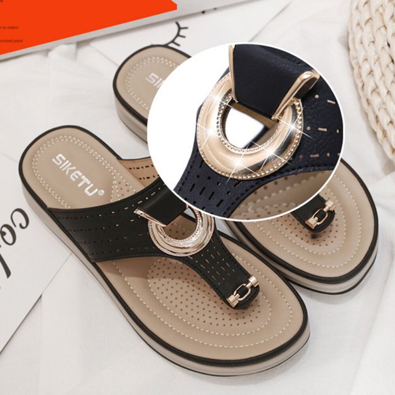 Dam Metalldekor Hollow Comfy Clip Toe Beach Casual Sandaler