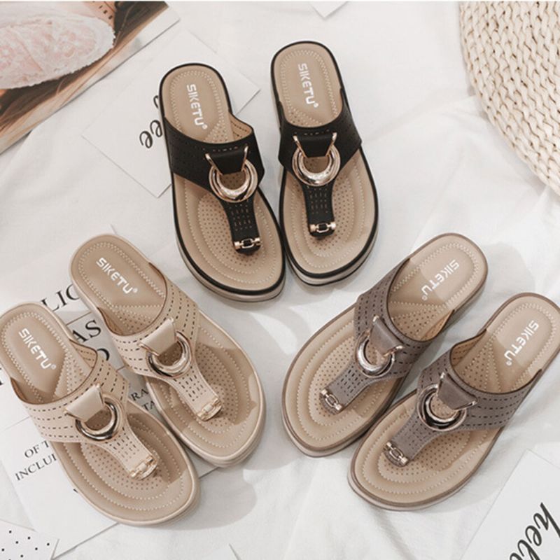 Dam Metalldekor Hollow Comfy Clip Toe Beach Casual Sandaler