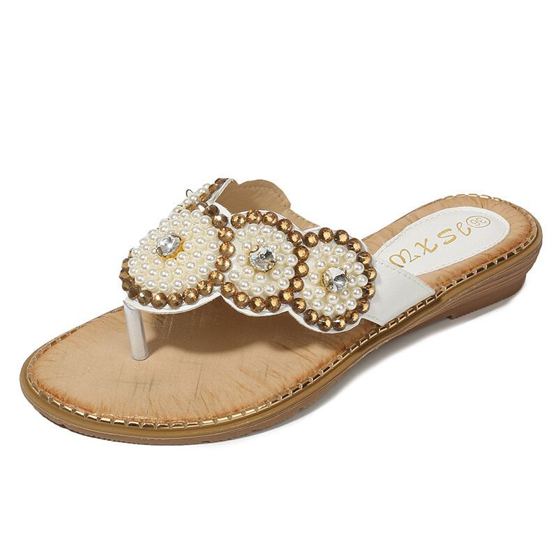 Dam Rhinestone Decor Clip Toe Flats Sandaler