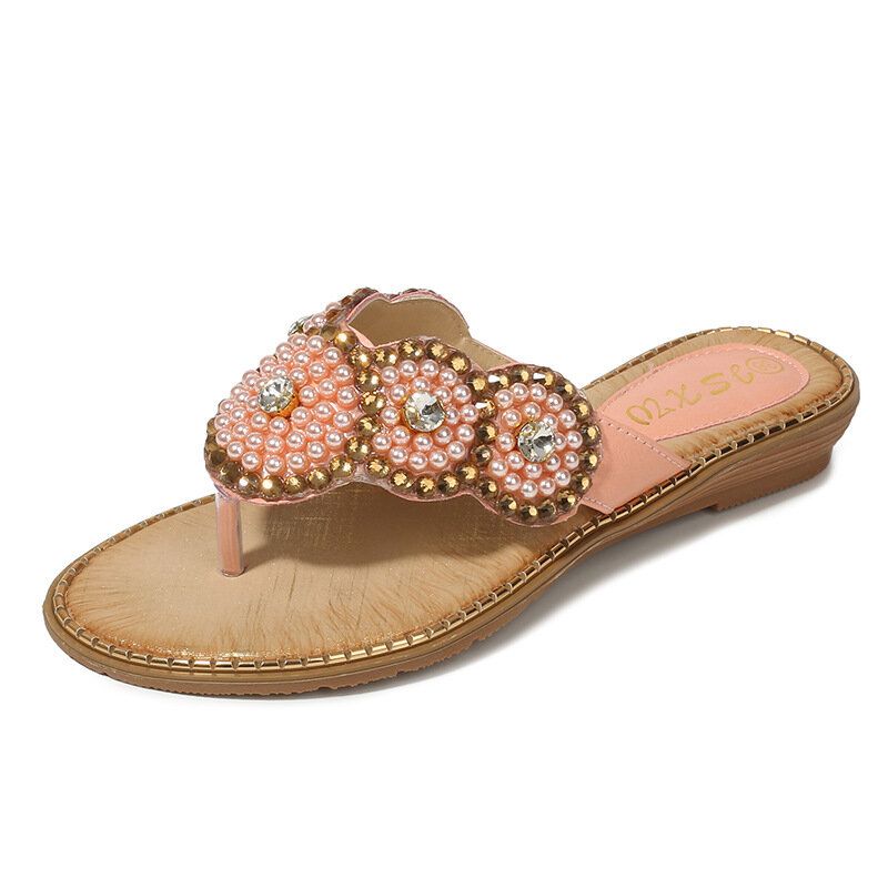 Dam Rhinestone Decor Clip Toe Flats Sandaler