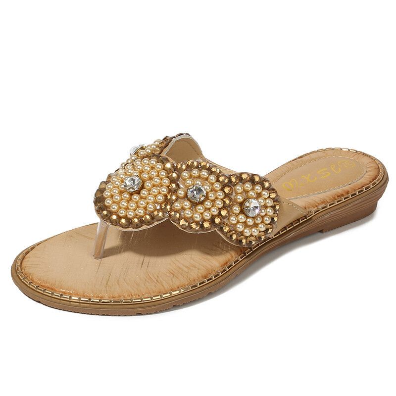 Dam Rhinestone Decor Clip Toe Flats Sandaler