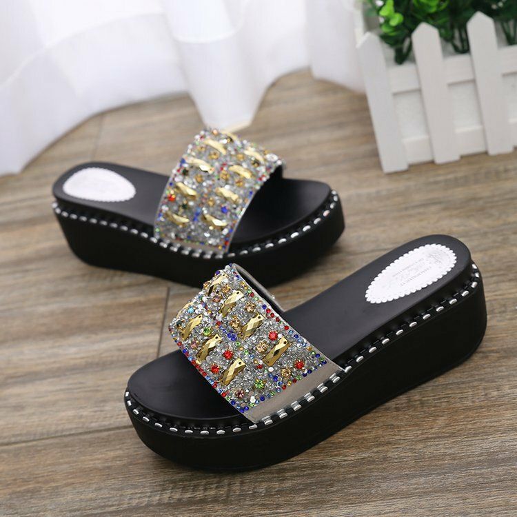 Dam Rhinestone Dekor Platform Slide Sandaler