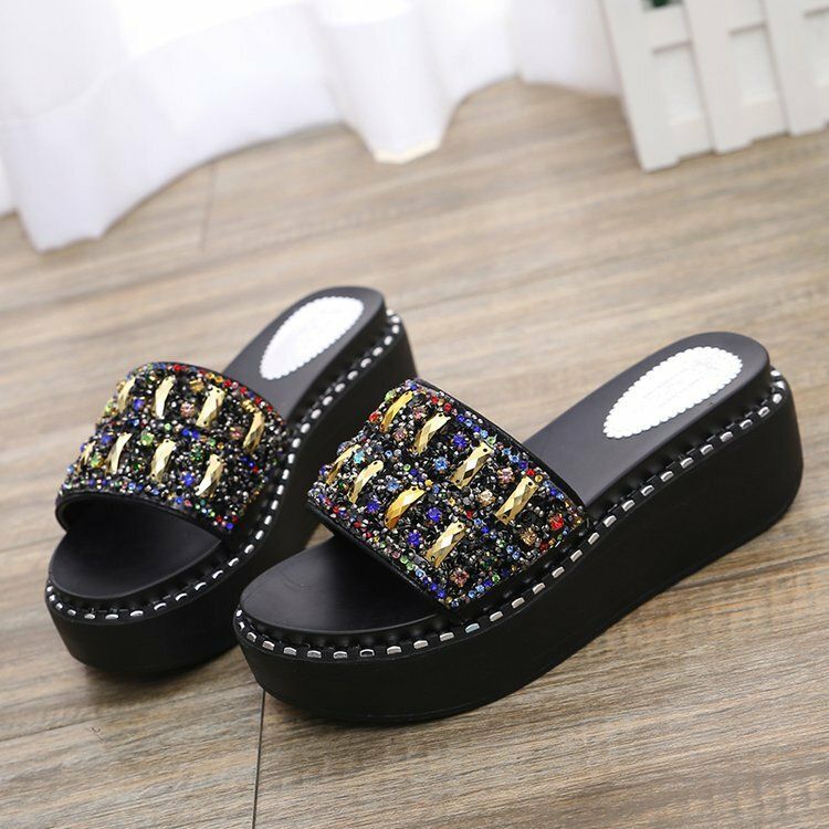 Dam Rhinestone Dekor Platform Slide Sandaler