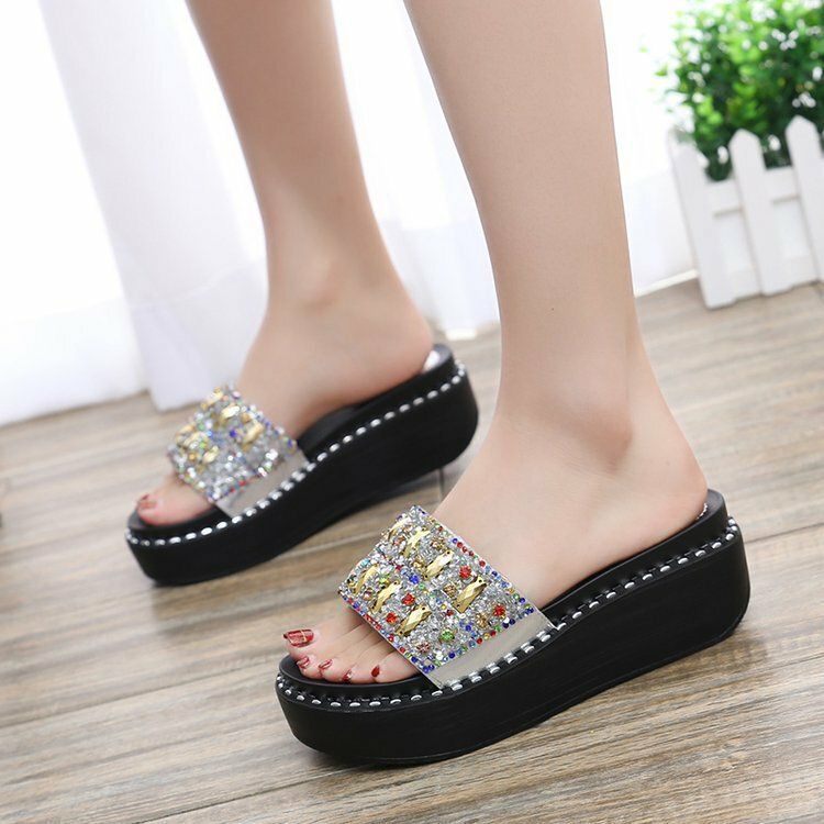 Dam Rhinestone Dekor Platform Slide Sandaler