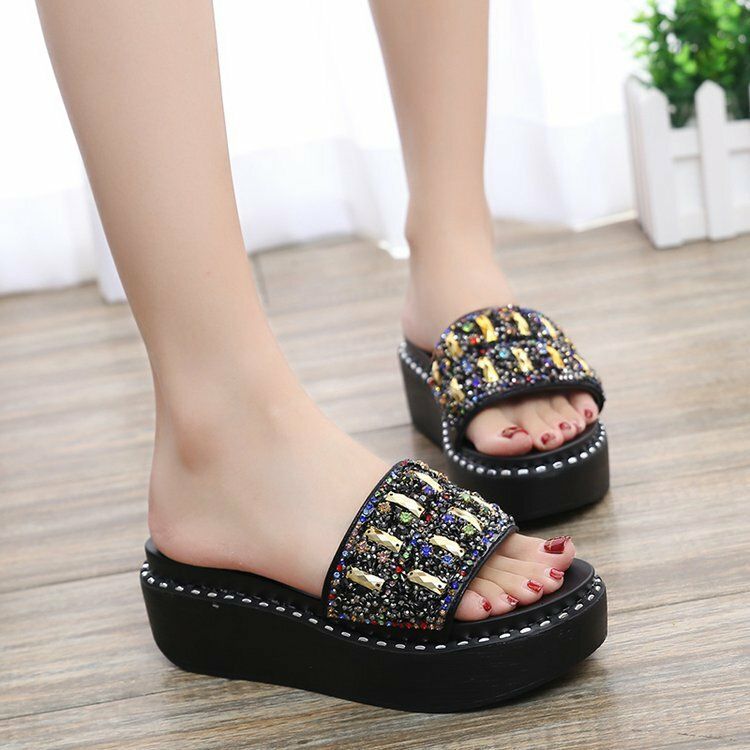 Dam Rhinestone Dekor Platform Slide Sandaler