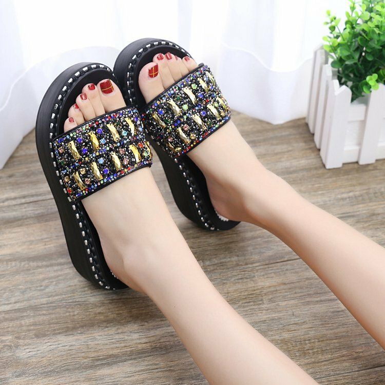 Dam Rhinestone Dekor Platform Slide Sandaler