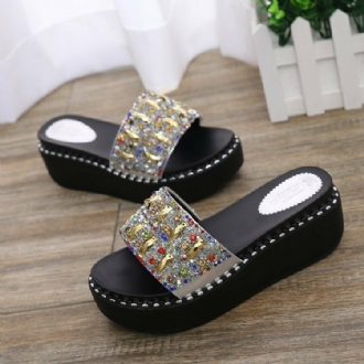 Dam Rhinestone Dekor Platform Slide Sandaler