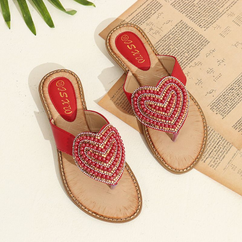 Dam Rhinestone Heart Shape Dekor Clip Toe Flats Sandaler