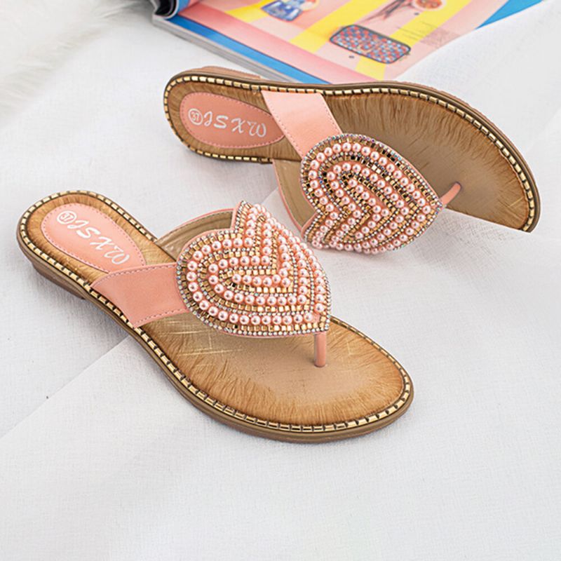 Dam Rhinestone Heart Shape Dekor Clip Toe Flats Sandaler