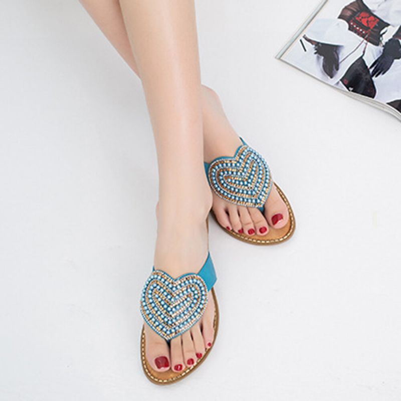 Dam Rhinestone Heart Shape Dekor Clip Toe Flats Sandaler