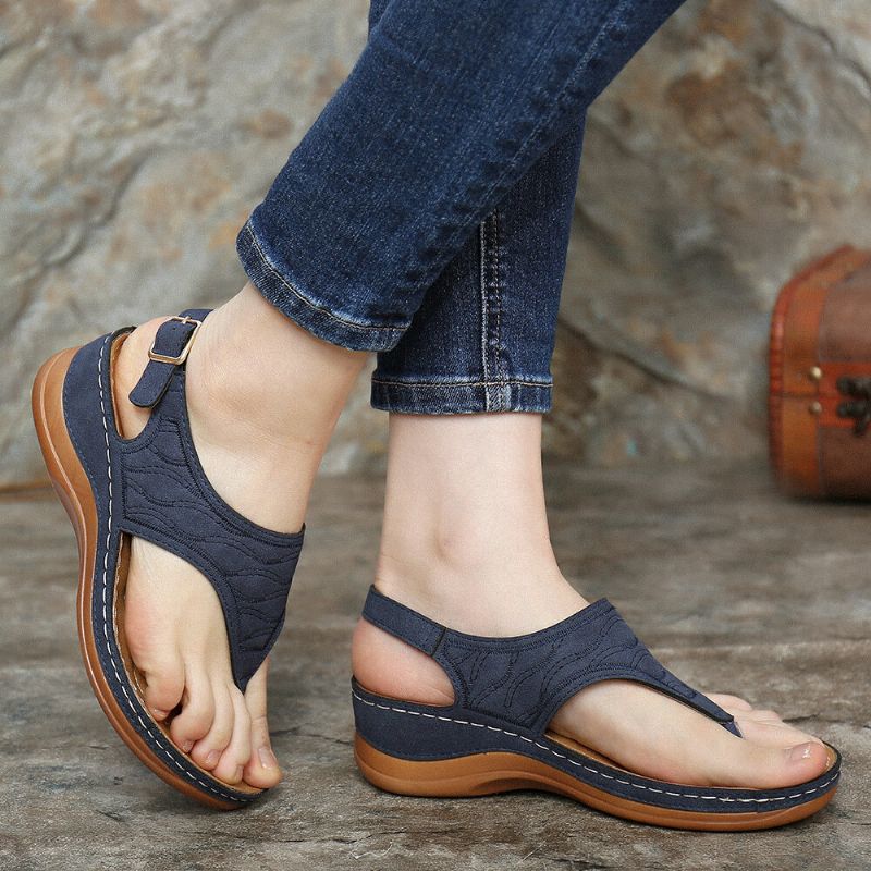 Dambroderi Clip Toe Elastiskt Band Bekvämt Casual Summer Wedge Sandaler