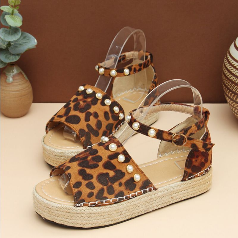 Dammocka Leopardtryck Solid Beading Spets Enkla Casual Sandaler