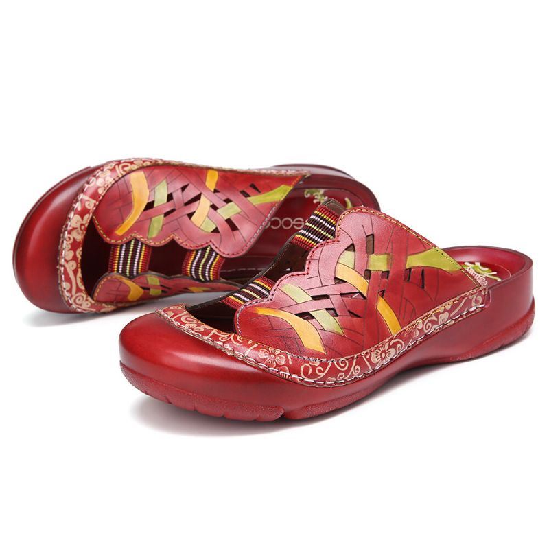 Handgjorda Läderblommiga Elastiska Bandsömmar Slip On Slides Flat Mules Sandaler