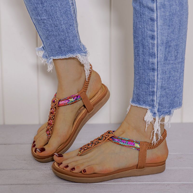 Kvinnor Bohemia Beading Elastiskt Band Clip Toe Mjuk Sula Causal Sommar Platta Sandaler