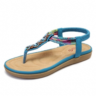 Kvinnor Bohemia Beading Elastiskt Band Clip Toe Mjuk Sula Causal Sommar Platta Sandaler