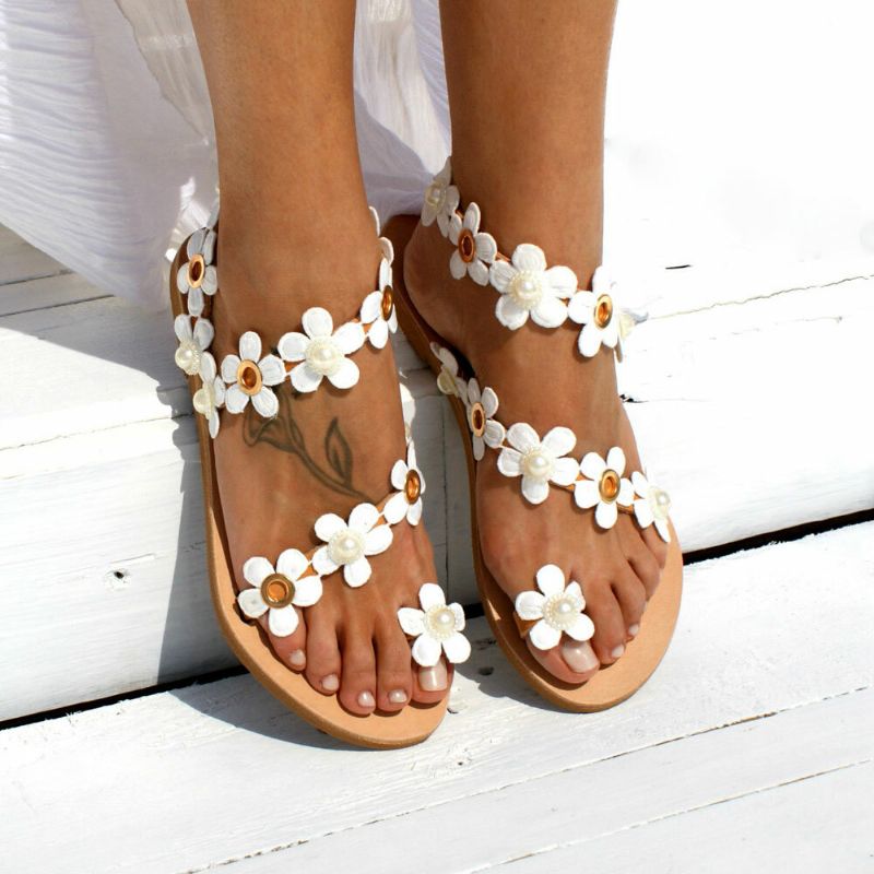 Kvinnor Bohemia Flower Decro Beading Toe Ring Casual Summer Beach Flat Sandaler