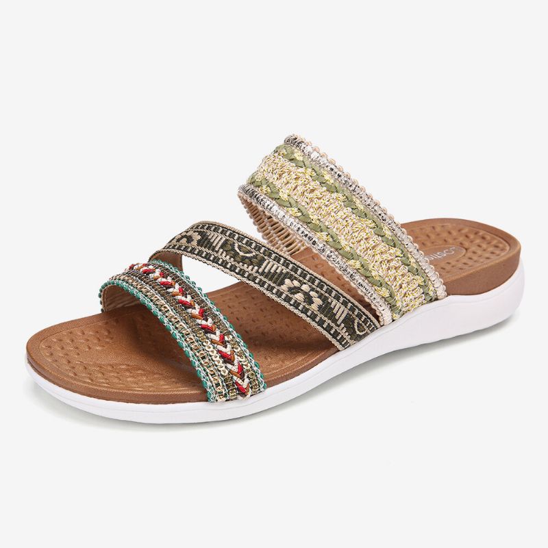 Kvinnor Bohemia Öppen Tå Mjuk Sula Casual Summer Beach Slides Platta Sandaler