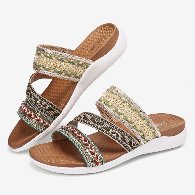 Kvinnor Bohemia Öppen Tå Mjuk Sula Casual Summer Beach Slides Platta Sandaler