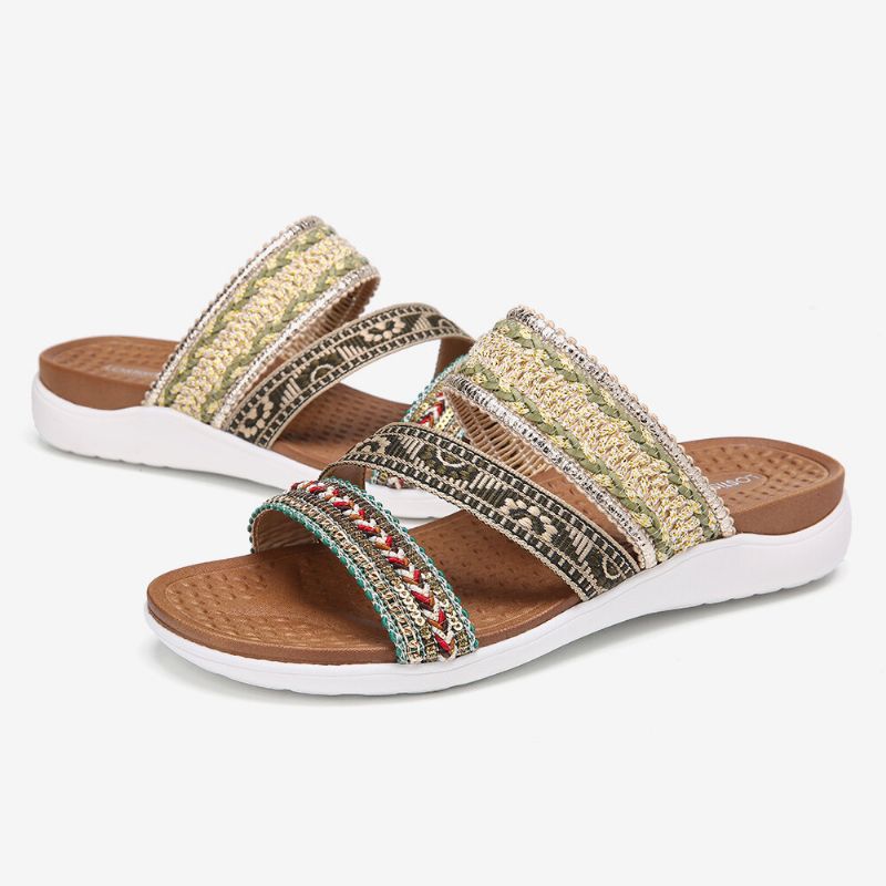 Kvinnor Bohemia Öppen Tå Mjuk Sula Casual Summer Beach Slides Platta Sandaler