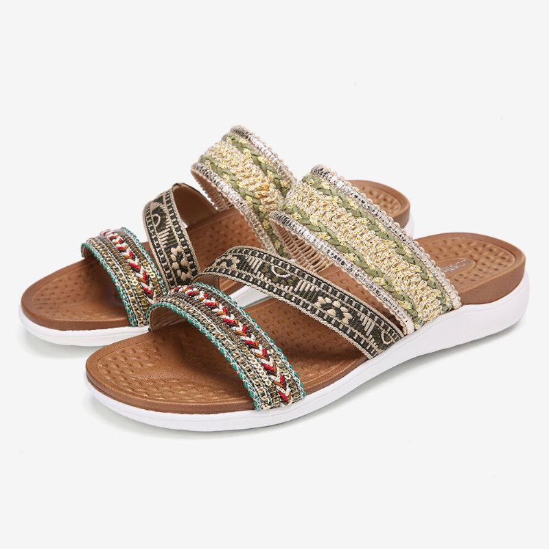 Kvinnor Bohemia Öppen Tå Mjuk Sula Casual Summer Beach Slides Platta Sandaler