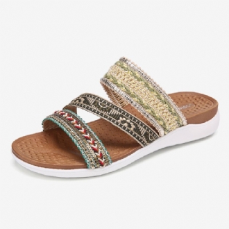 Kvinnor Bohemia Öppen Tå Mjuk Sula Casual Summer Beach Slides Platta Sandaler