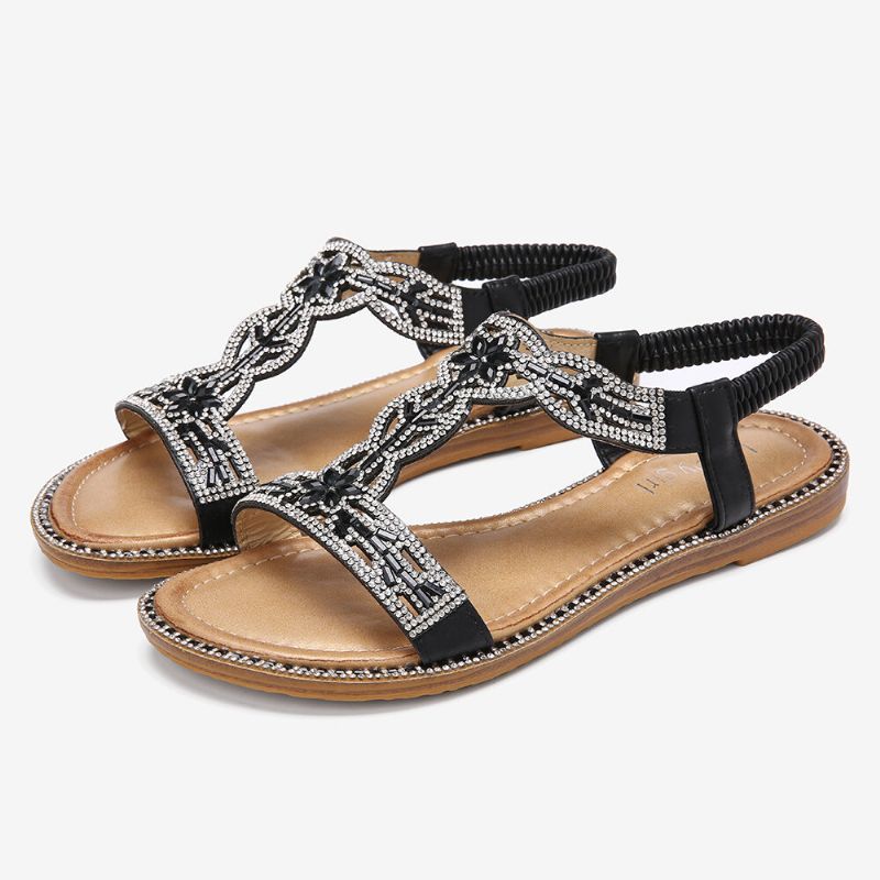 Kvinnor Bohemia Rhinestone Hollow Elastisk Slip On Casual Sandaler