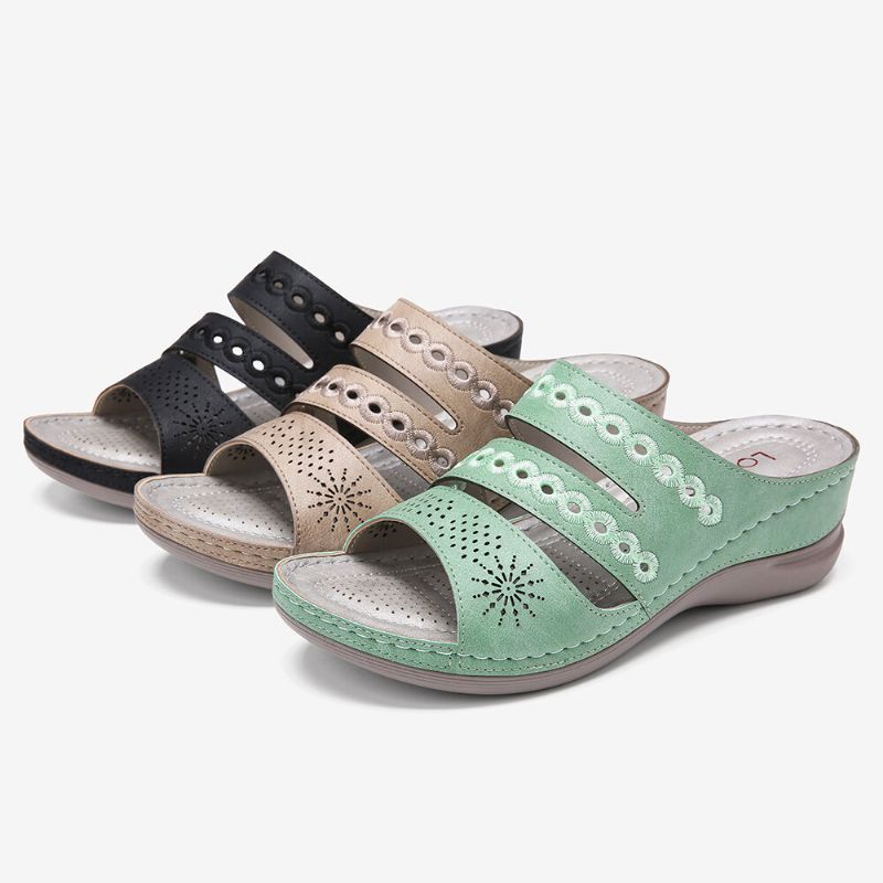 Kvinnor Broderi Cutout Öppen Tå Slip On Casual Wedge Sandaler